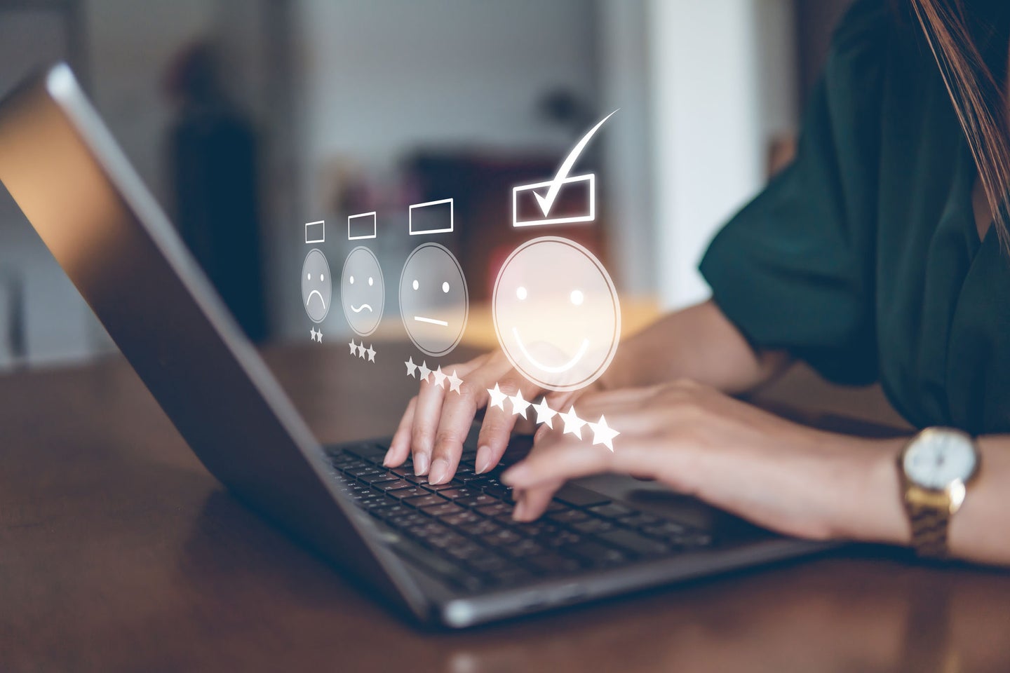 Customer Experience Concept, happy Business women holding the smartphone with a checked box on Excellent Smiley Face and Rating for a satisfaction survey,  and positive customer feedback testimonial.